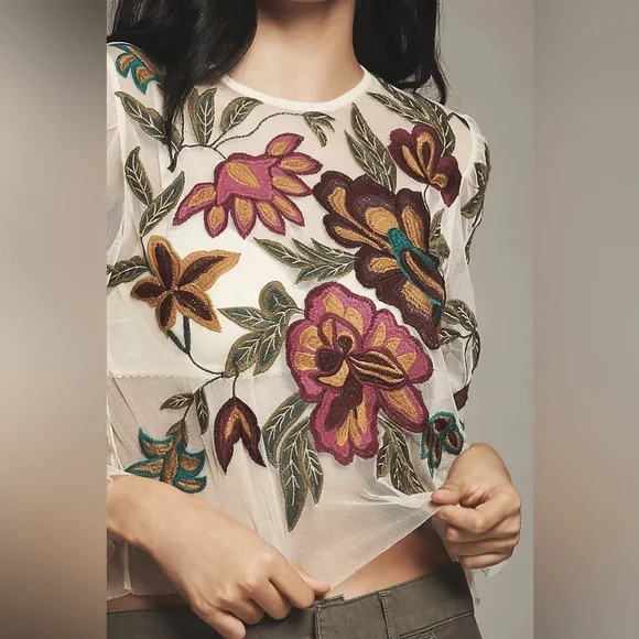 New Anthropologie The Layla Long-Sleeve Applique Embroidered Mesh Blouse sz M - Picture 2 of 8